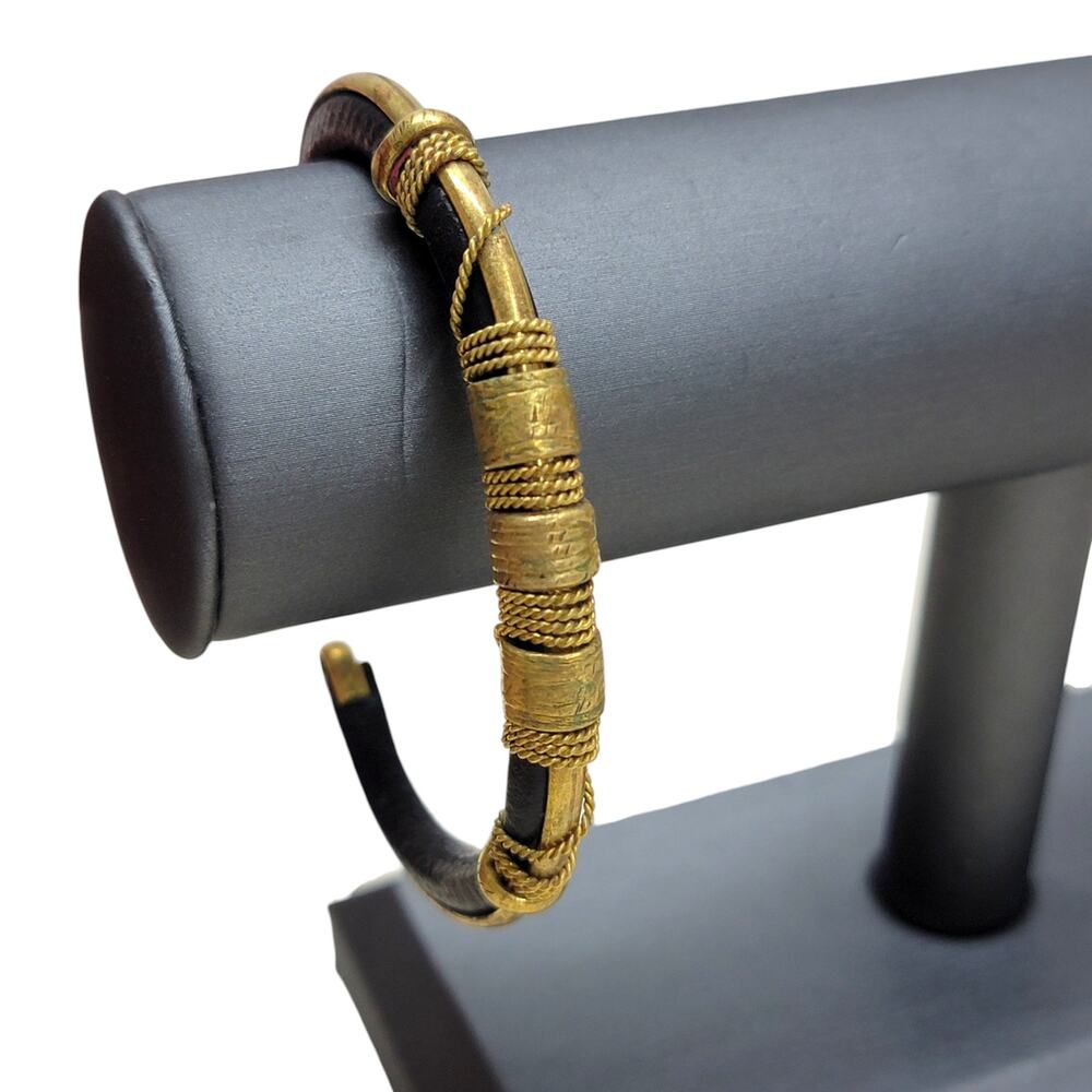 Vintage Brass Wire Wrapped Leather Cuff Bracelet African Tribal Style Boho
